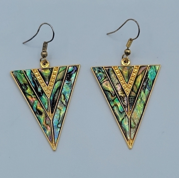 Vintage Goldtone Geometric V Shape Abalone Earrings #1216 - Picture 7 of 11